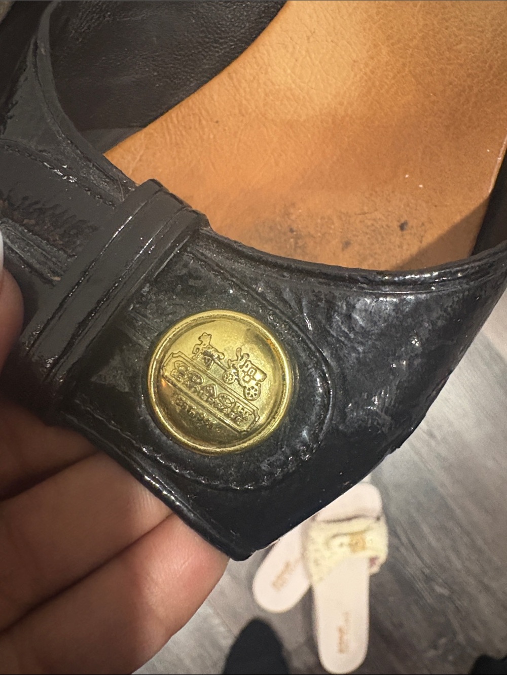 Coach Black Patent Platform Slide Sandals with Gold Coin Accent - Picture 2 of 2